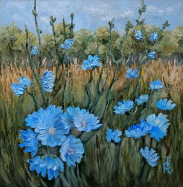 Painting titled "Chicory blooms" by Tamara Rozinskay, Original Artwork, Oil