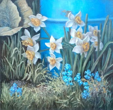 Painting titled "Daffodils" by Tamara Rozinskay, Original Artwork, Oil Mounted on Wood Panel