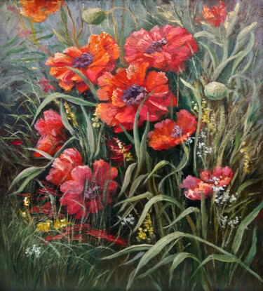 Painting titled "Fire poppies" by Tamara Rozinskay, Original Artwork, Oil Mounted on Wood Panel