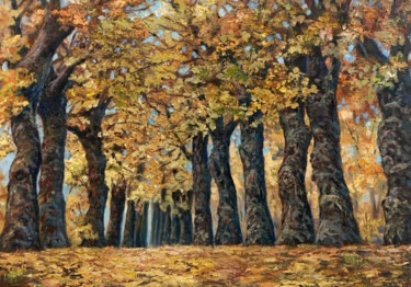 Painting titled "Autumn alley" by Tamara Rozinskay, Original Artwork, Oil Mounted on Cardboard
