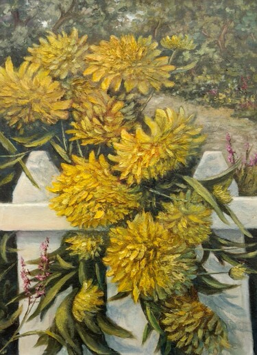 Картина под названием "Yellow asters" - Tamara Rozinskay, Подлинное произведение искусства, Масло Установлен на картон
