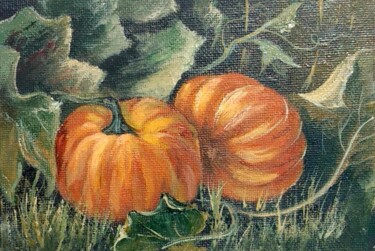Schilderij getiteld "Pair of pumpkins" door Tamara Rozinskay, Origineel Kunstwerk, Olie Gemonteerd op Karton