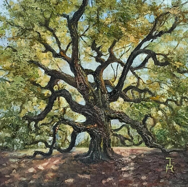 Painting titled "Oak Tree Embrace" by Tamara Rozinskay, Original Artwork, Oil Mounted on Cardboard