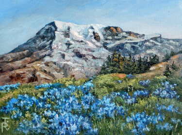 Painting titled "Blooming mountains" by Tamara Rozinskay, Original Artwork, Oil Mounted on Other rigid panel