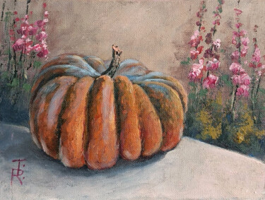 Painting titled "Honey pumpkin still…" by Tamara Rozinskay, Original Artwork, Oil Mounted on Cardboard