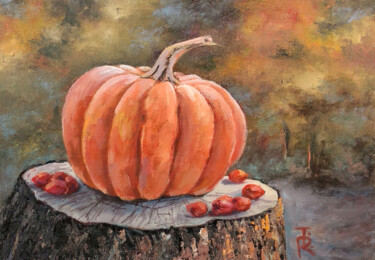Painting titled "Shining Pumpkin sti…" by Tamara Rozinskay, Original Artwork, Oil Mounted on Cardboard