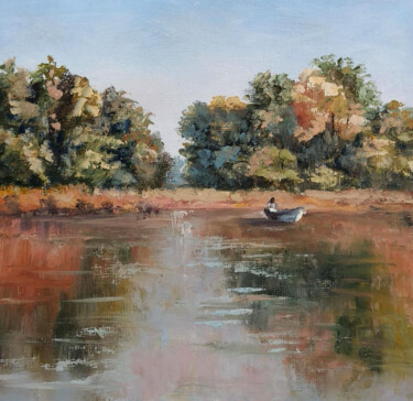 Peinture intitulée "Calm water. Fisherm…" par Tamara Rozinskay, Œuvre d'art originale, Huile Monté sur Carton