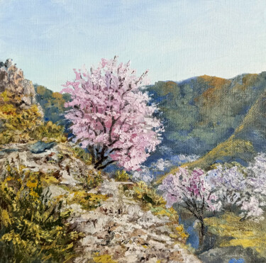 Painting titled "Almond blossoms Tre…" by Tamara Rozinskay, Original Artwork, Oil Mounted on Cardboard