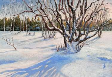 Painting titled "Snowy day WInter La…" by Tamara Rozinskay, Original Artwork, Oil Mounted on Cardboard