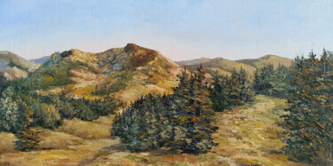 Schilderij getiteld "At the peak Mountai…" door Tamara Rozinskay, Origineel Kunstwerk, Olie Gemonteerd op Karton