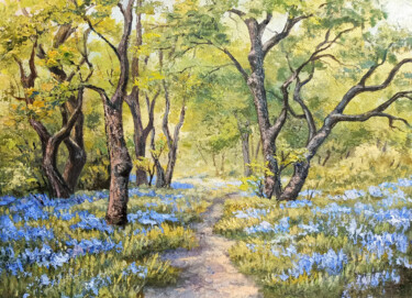 Painting titled "Spring forest with…" by Tamara Rozinskay, Original Artwork, Oil Mounted on Cardboard