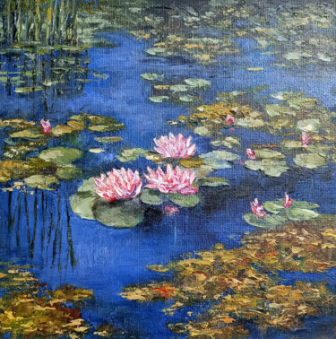 「Water lilies. Deep…」というタイトルの絵画 Tamara Rozinskayによって, オリジナルのアートワーク, オイル 段ボールにマウント