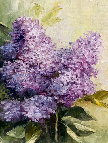 Painting titled "Lilac branch Floral…" by Tamara Rozinskay, Original Artwork, Oil Mounted on Cardboard