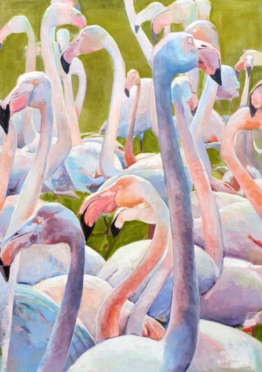 Schilderij getiteld "Flamingoschar" door Tamara Siebert, Origineel Kunstwerk, Olie