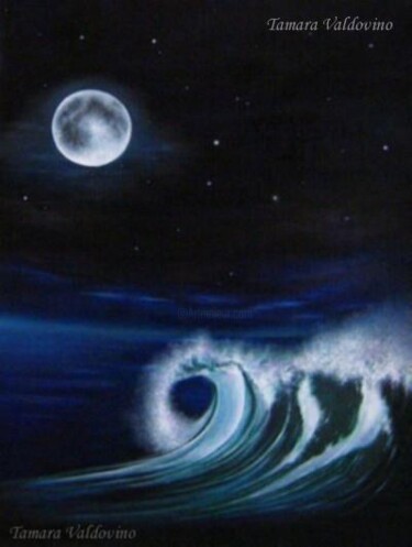Malerei mit dem Titel "Moon and the sea" von Tamara Valdovino, Original-Kunstwerk