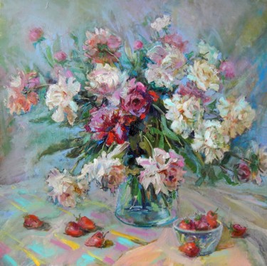 Pintura intitulada ""Peonies"" por Tamara Chebotaru, Obras de arte originais, Óleo