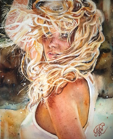 Картина под названием "The girl of summer" - Tamara Maior, Подлинное произведение искусства, Акварель