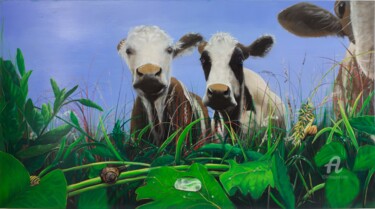 Painting titled "Zwarte-Pad met koei…" by Tamas Herczeg, Original Artwork, Oil
