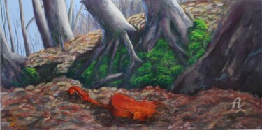 Schilderij getiteld "Cello in het bos" door Tamas Herczeg, Origineel Kunstwerk, Olie