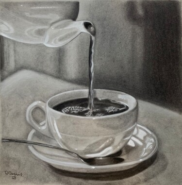 Tekening getiteld "Morning Coffee" door Tammy Carrick, Origineel Kunstwerk, Houtskool