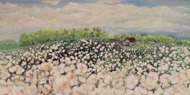 Painting titled "Cotton Field" by Tammy Gauthreaux, Original Artwork, Oil Mounted on Wood Stretcher frame
