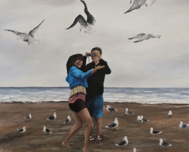 Painting titled "Feeding the Gulls" by Tammy Gauthreaux, Original Artwork, Oil Mounted on Wood Stretcher frame
