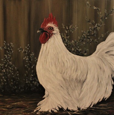 Painting titled "white rooster" by Tammy Gauthreaux, Original Artwork, Oil Mounted on Wood Panel