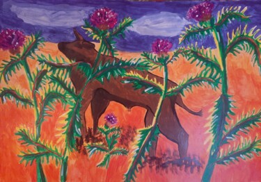 Картина под названием "Бык и чертополох" - Танашева Николаевна, Подлинное произведение искусства, Акварель