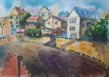 Картина под названием "Домики в городе кур…" - Танашева Николаевна, Подлинное произведение искусства, Акварель