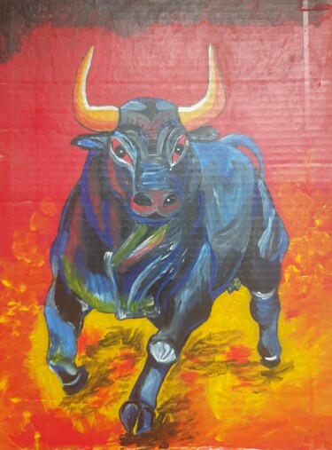 Картина под названием "Красный бык" - Танашева Николаевна, Подлинное произведение искусства, Акрил
