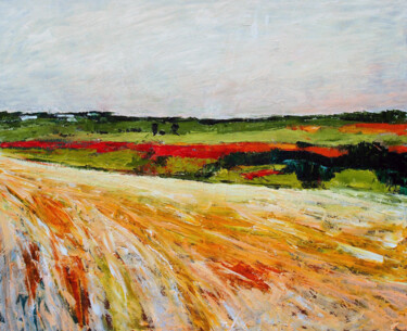 Painting titled "Field road" by Tana, Original Artwork, Oil Mounted on Wood Stretcher frame