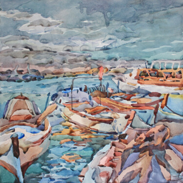 Painting titled "Azure harbour" by Tanbelia, Original Artwork, Watercolor