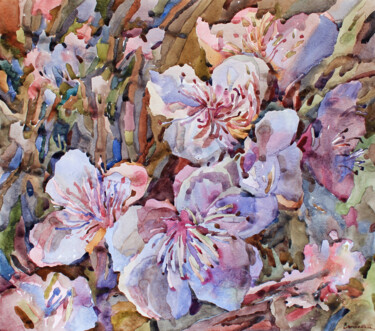 Schilderij getiteld "Peach blossom" door Tanbelia, Origineel Kunstwerk, Aquarel