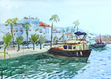 Pintura intitulada "Harbor in Marmaris" por Tanbelia, Obras de arte originais, Aquarela