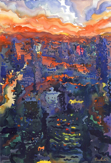 Картина под названием "View to night Bangk…" - Tanbelia, Подлинное произведение искусства, Акварель