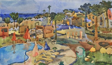 Pintura intitulada "Evening coastland" por Tanbelia, Obras de arte originais, Aquarela