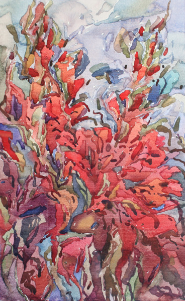 Painting titled "Red gladioluses" by Tanbelia, Original Artwork, Watercolor