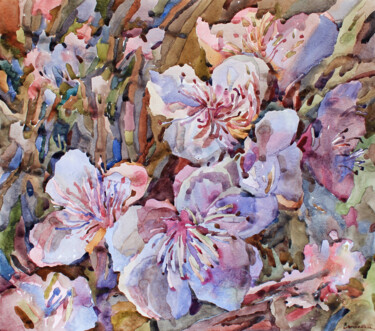 Peinture intitulée "Peach blossom" par Tanbelia, Œuvre d'art originale, Aquarelle