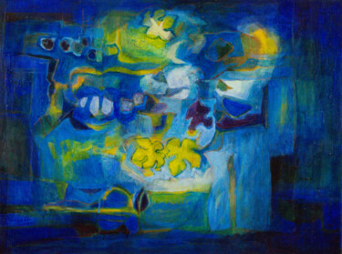 Painting titled "Nature morte bleue" by Thu Huong Ta Thi (TaNguyen), Original Artwork, Oil