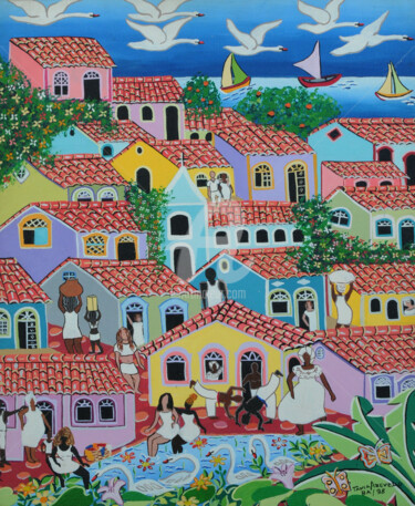 Malerei mit dem Titel "Ano Novo na Favela" von Tania Azevedo, Original-Kunstwerk, Acryl