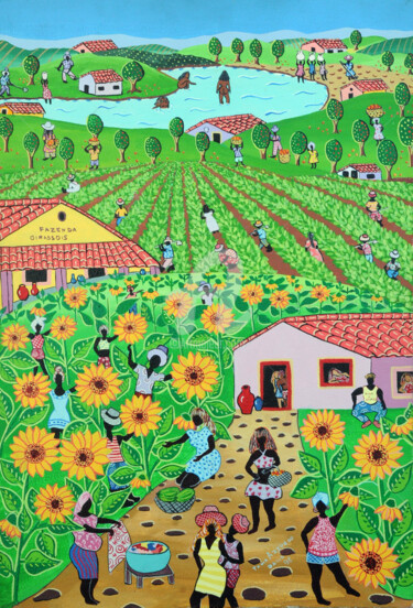 Malerei mit dem Titel "Fazenda Girassoís" von Tania Azevedo, Original-Kunstwerk, Acryl