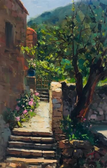 Painting titled "steps" by Tania Kudrya, Original Artwork, Oil Mounted on Wood Stretcher frame