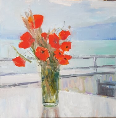 Malerei mit dem Titel "Poppies and sea" von Tania Kyriakidou, Original-Kunstwerk, Öl