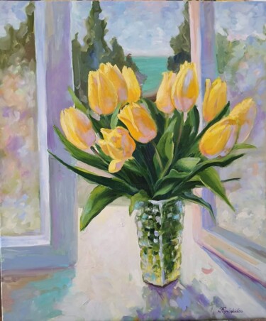 Ζωγραφική με τίτλο "Yellow tulips" από Tania Kyriakidou, Αυθεντικά έργα τέχνης, Λάδι