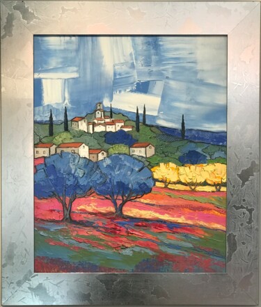 Painting titled "Paysage provencal" by Tania Manesenkow, Original Artwork, Oil Mounted on Wood Stretcher frame