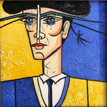 Painting titled "Matador bleu jaune" by Tania Manesenkow, Original Artwork, Oil Mounted on Wood Stretcher frame