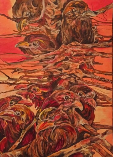Painting titled "пожар в оле.вороны.…" by Tania Timakova, Original Artwork, Acrylic