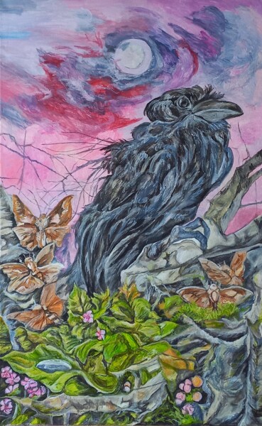 Картина под названием "Ворон с бабочками" - Tania Timakova, Подлинное произведение искусства, Акрил