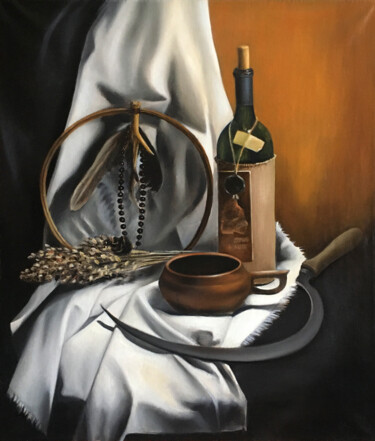 Painting titled "STILL LIFE WITH SIC…" by V O S K R E S E N S K A Y A, Original Artwork, Oil Mounted on Wood Stretcher frame