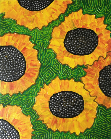 Painting titled "NAIVE SUNFLOWERS" by V O S K R E S E N S K A Y A, Original Artwork, Acrylic